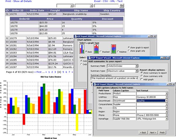 Report Writer, Web Reports, Online Reporting, ASP, Reports, Databases, SQL Server,MS Access, Dynamic, Export Data, Simple Charts